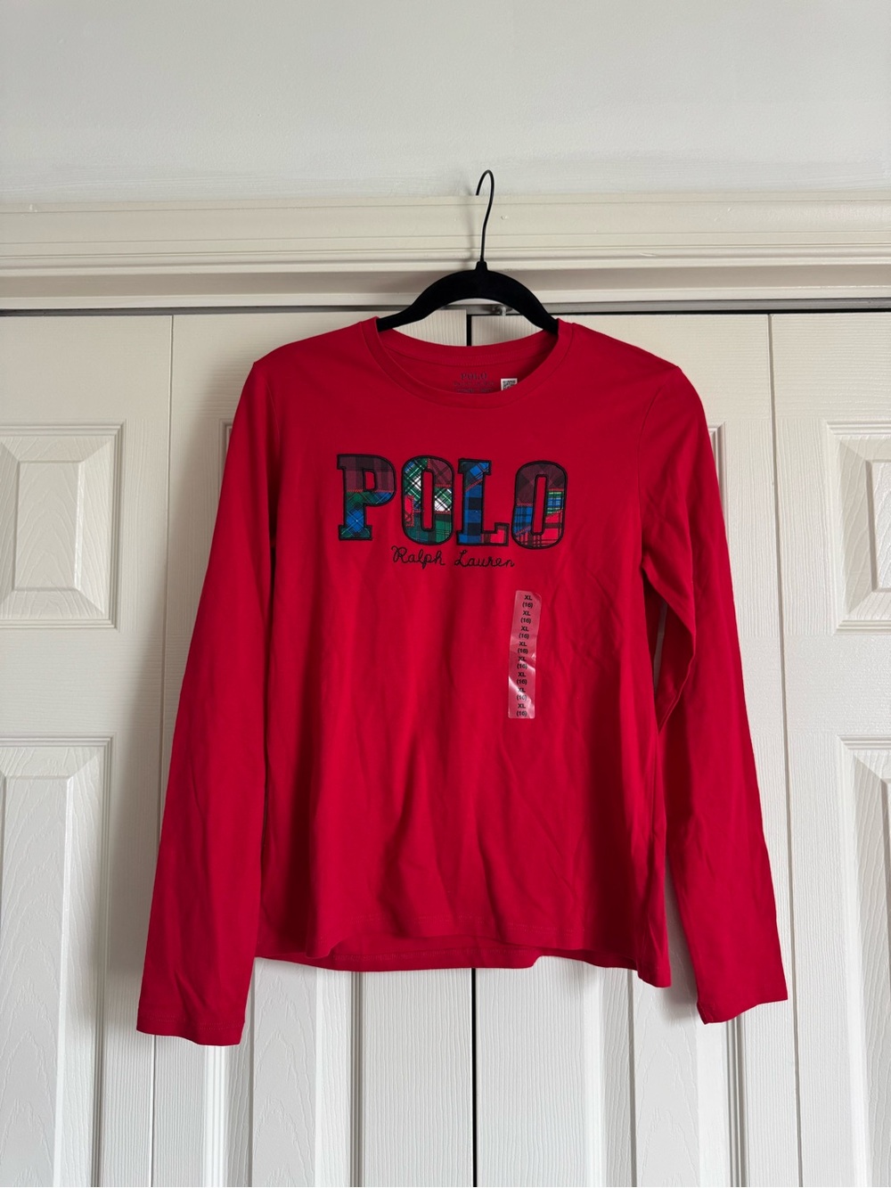 NWT Red Polo Ralph Lauren Plaid-Logo Jersey Long-Sleeve Tee Size XL 16